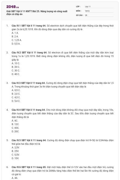 Giải SBT Vật lí 11 KNTT Bài 25. Năng lượng và công suất điện có đáp án