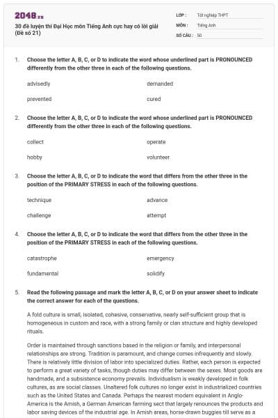 30 đề luyện thi Đại Học môn Tiếng Anh cực hay có lời giải (Đề số 21)