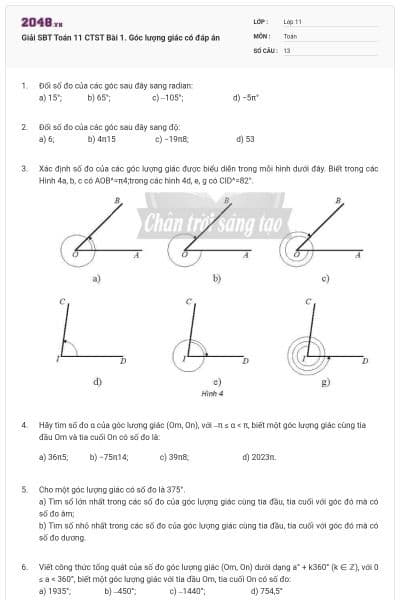 Giải SBT Toán 11 CTST Bài 1. Góc lượng giác có đáp án