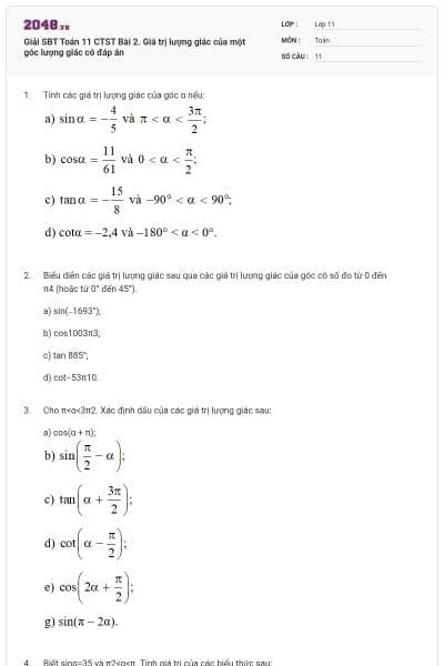 Giải SBT Toán 11 CTST Bài 2. Giá trị lượng giác của một góc lượng giác có đáp án