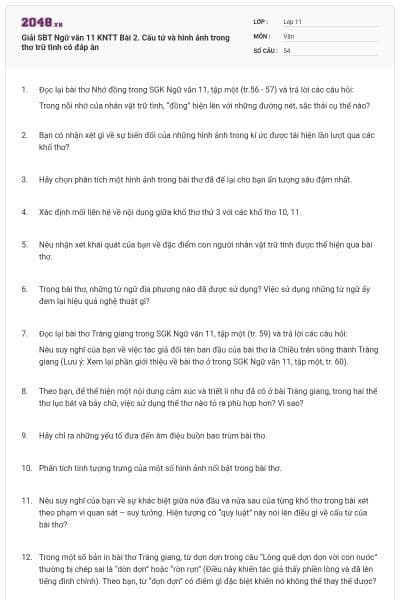 Giải SBT Ngữ văn 11 KNTT Bài 2. Cấu tứ và hình ảnh trong thơ trữ tình có đáp án