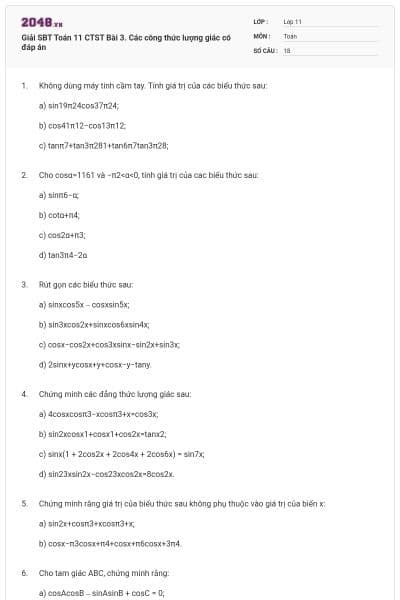 Giải SBT Toán 11 CTST Bài 3. Các công thức lượng giác có đáp án