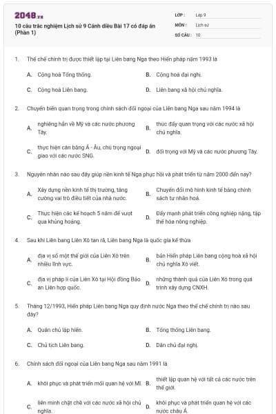 10 câu trắc nghiệm Lịch sử 9 Cánh diều Bài 17 có đáp án (Phần 1)