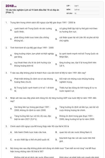 10 câu trắc nghiệm Lịch sử 9 Cánh diều Bài 18 có đáp án (Phần 1)