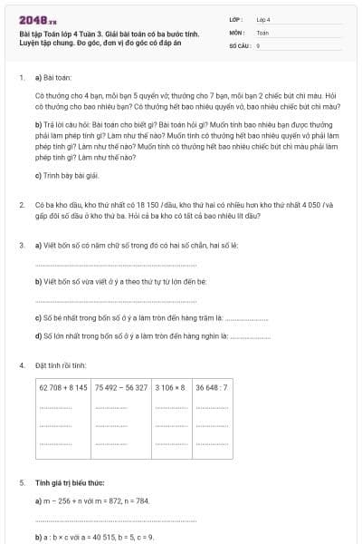 Bài tập Toán lớp 4 Tuần 3. Giải bài toán có ba bước tính.  Luyện tập chung. Đo góc, đơn vị đo góc có đáp án