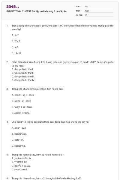 Giải SBT Toán 11 CTST Bài tập cuối chương 1 có đáp án