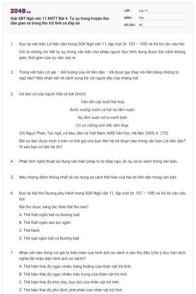 Giải SBT Ngữ văn 11 KNTT Bài 4. Tự sự trong truyện thơ dân gian và trong thơ trữ tình có đáp án