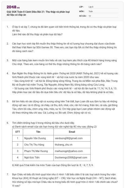 Giải SGK Toán 8 Cánh Diều Bài 21: Thu thập và phân loại dữ liệu có đáp án