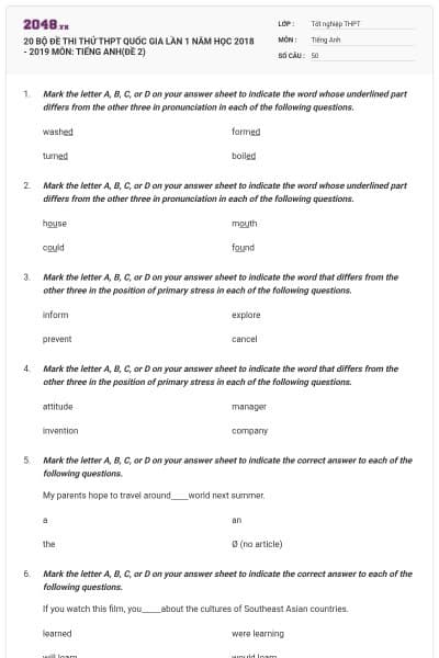 20 BỘ ĐỀ THI THỬ THPT QUỐC GIA LẦN 1 NĂM HỌC 2018 - 2019 MÔN: TIẾNG ANH(ĐỀ 2)