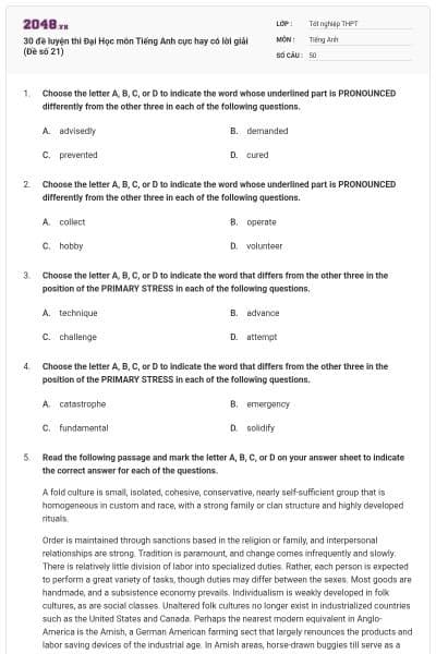 30 đề luyện thi Đại Học môn Tiếng Anh cực hay có lời giải (Đề số 21)
