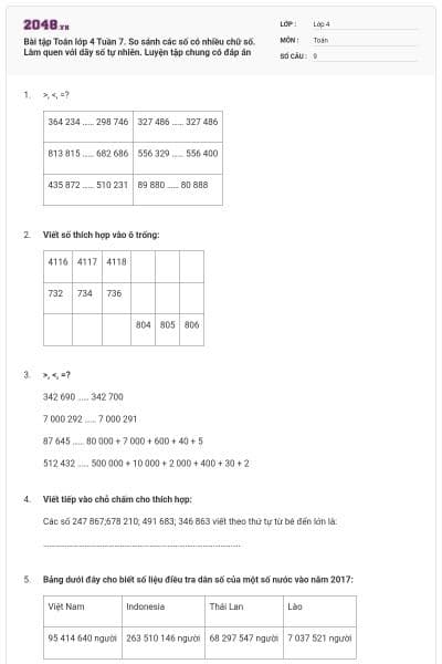 Bài tập Toán lớp 4 Tuần 7. So sánh các số có nhiều chữ số. Làm quen với dãy số tự nhiên. Luyện tập chung có đáp án