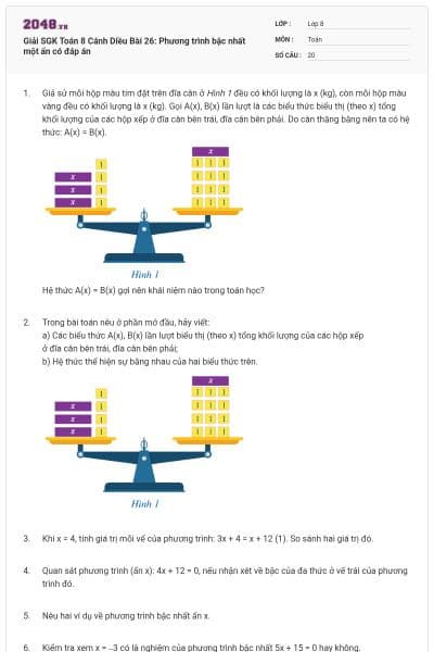 Giải SGK Toán 8 Cánh Diều Bài 26: Phương trình bậc nhất một ẩn có đáp án