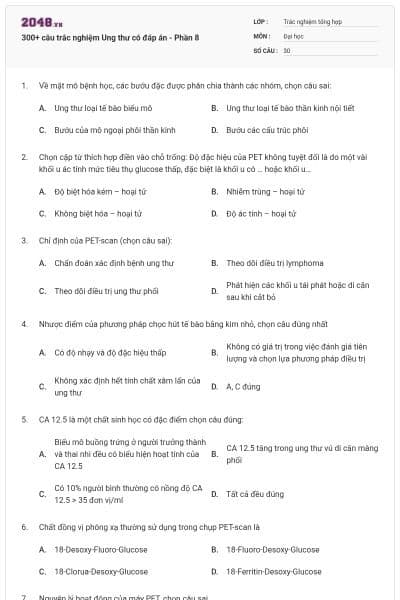 300+ câu trắc nghiệm Ung thư có đáp án - Phần 8