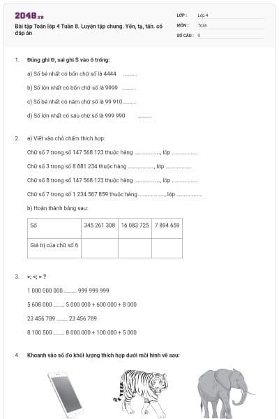 Bài tập Toán lớp 4 Tuần 8. Luyện tập chung.  Yến, tạ, tấn. có đáp án