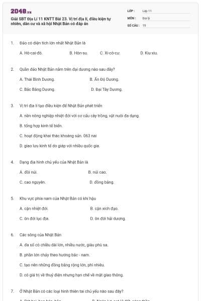 Giải SBT Địa Lí 11 KNTT Bài 23. Vị trí địa lí, điều kiện tự nhiên, dân cư và xã hội Nhật Bản có đáp án