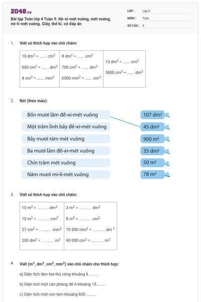 Bài tập Toán lớp 4 Tuần 9. Đề-xi-mét vuông, mét vuông, mi-li-mét vuông. Giây, thế kỉ. có đáp án