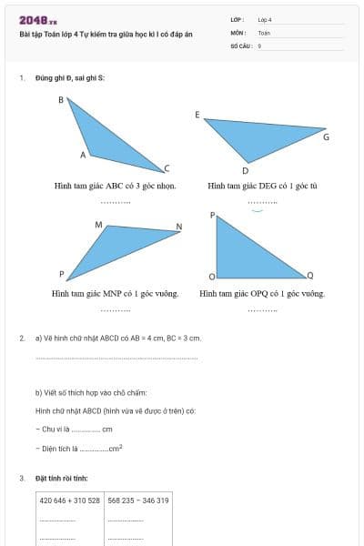 Bài tập Toán lớp 4 Tự kiểm tra giữa học kì I có đáp án