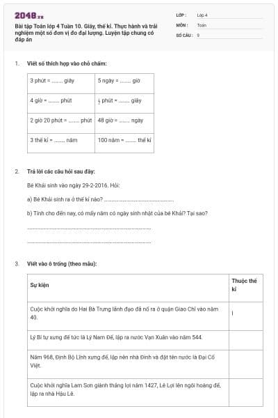 Bài tập Toán lớp 4 Tuần 10. Giây, thế kỉ. Thực hành và trải nghiệm một số đơn vị đo đại lượng.  Luyện tập chung có đáp án