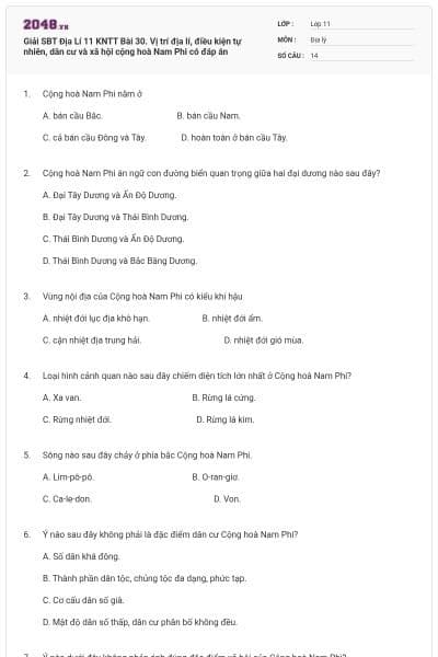 Giải SBT Địa Lí 11 KNTT Bài 30. Vị trí địa lí, điều kiện tự nhiên, dân cư và xã hội cộng hoà Nam Phi có đáp án