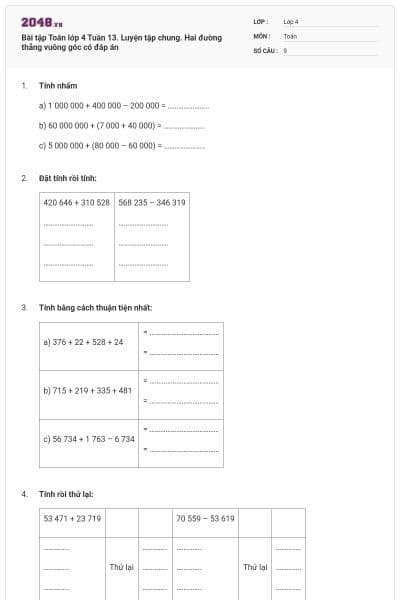 Bài tập Toán lớp 4 Tuần 13. Luyện tập chung. Hai đường thẳng vuông góc có đáp án