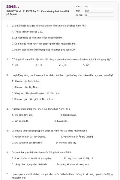 Giải SBT Địa Lí 11 KNTT Bài 31. Kinh tế cộng hoà Nam Phi có đáp án