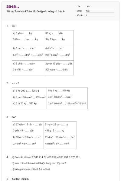 Bài tập Toán lớp 4 Tuần 18. Ôn tập đo lường có đáp án
