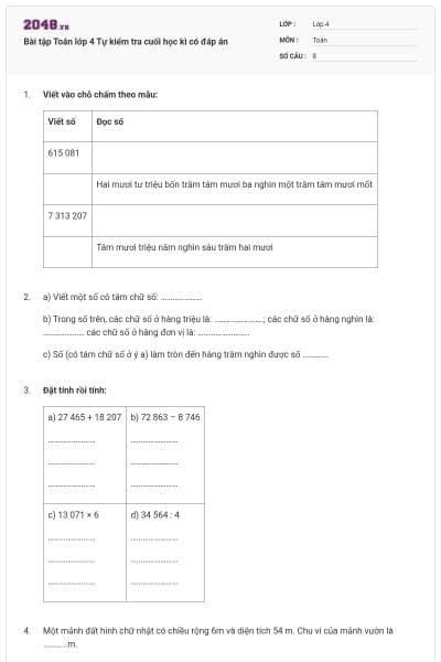 Bài tập Toán lớp 4 Tự kiểm tra cuối học kì  có đáp án
