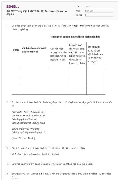 Giải VBT Tiếng Việt 4 KNTT Bài 19: Âm thanh của núi có đáp án