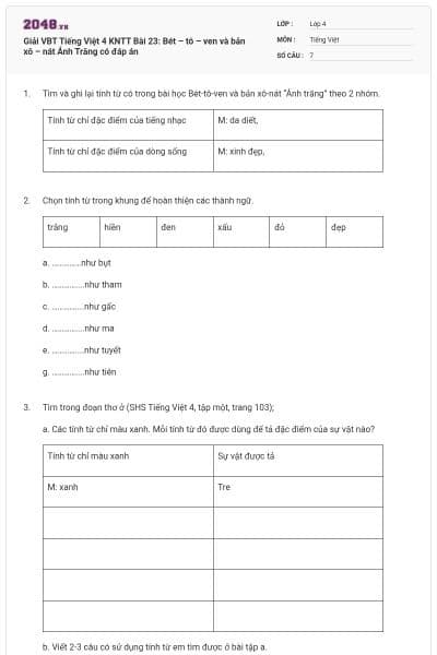 Giải VBT Tiếng Việt 4 KNTT Bài 23: Bét – tô – ven và bản xô – nát Ánh Trăng có đáp án