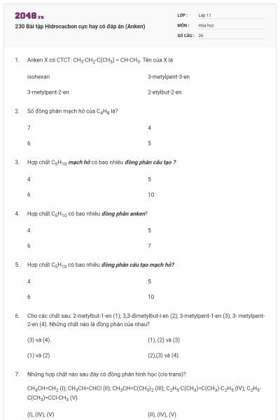 230 Bài tập Hidrocacbon cực hay có đáp án (Anken)