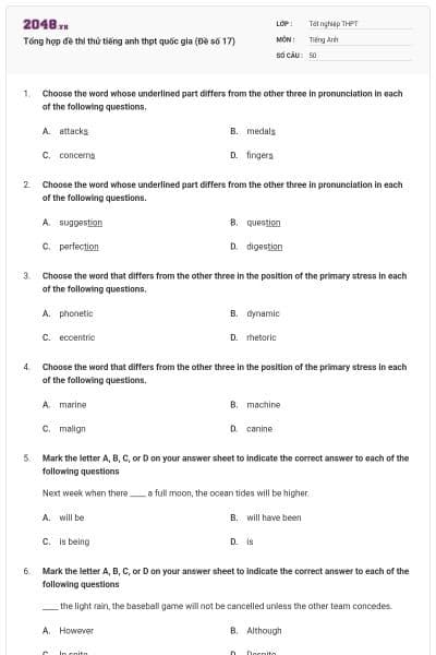 Tổng hợp đề thi thử tiếng anh thpt quốc gia (Đề số 17)