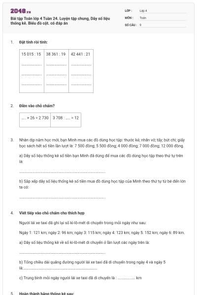 Bài tập Toán lớp 4 Tuần 24. Luyện tập chung, Dãy số liệu thống kê. Biểu đồ cột. có đáp án