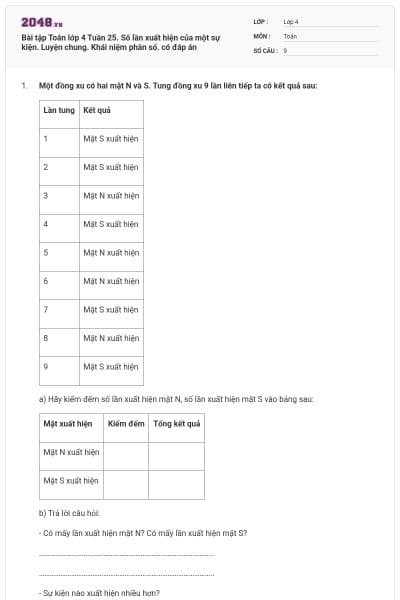 Bài tập Toán lớp 4 Tuần 25. Số lần xuất hiện của một sự kiện. Luyện chung.  Khái niệm phân số. có đáp án
