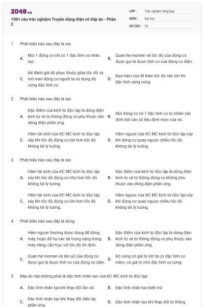 100+ câu trắc nghiệm Truyền động điện có đáp án - Phần 2