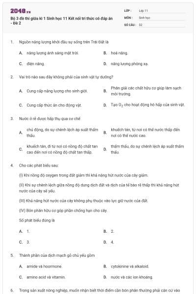 Bộ 3 đề thi giữa kì 1 Sinh học 11 Kết nối tri thức có đáp án - Đề 2