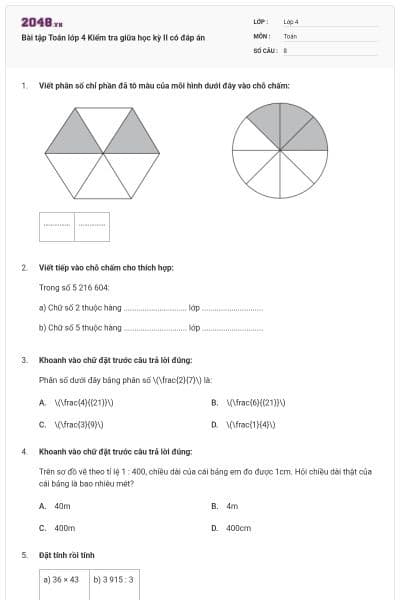 Bài tập Toán lớp 4 Kiểm tra giữa học kỳ II có đáp án