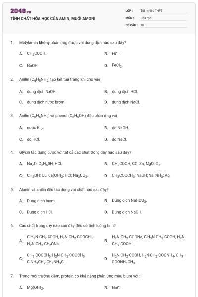 TÍNH CHẤT HÓA HỌC CỦA AMIN, MUỐI AMONI