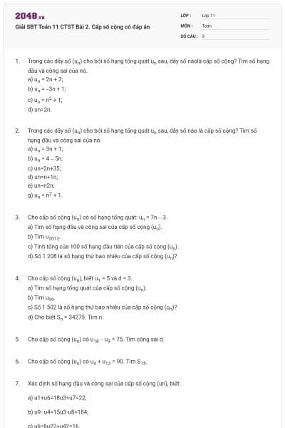 Giải SBT Toán 11 CTST Bài 2. Cấp số cộng có đáp án