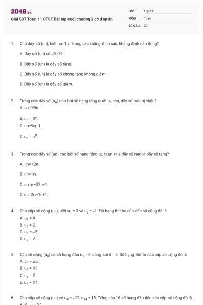 Giải SBT Toán 11 CTST Bài tập cuối chương 2 có đáp án