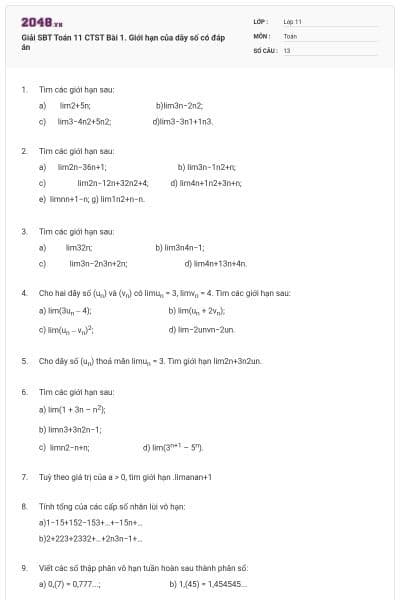Giải SBT Toán 11 CTST Bài 1. Giới hạn của dãy số có đáp án