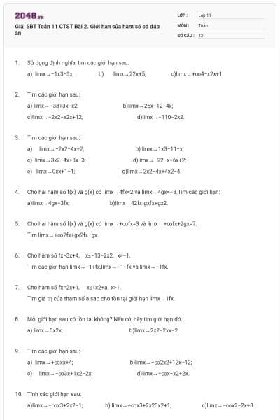 Giải SBT Toán 11 CTST Bài 2. Giới hạn của hàm số có đáp án
