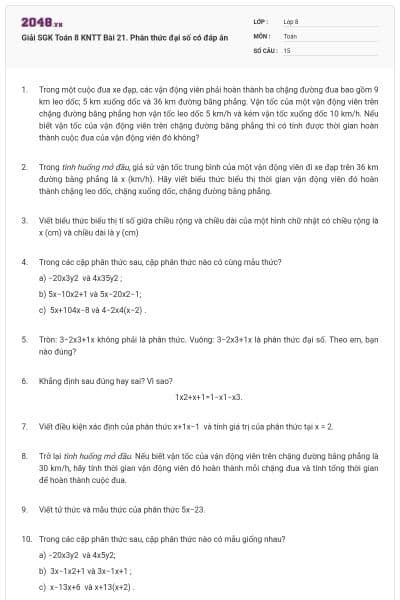 Giải SGK Toán 8  KNTT Bài 21. Phân thức đại số có đáp án