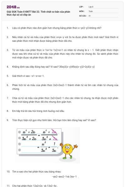 Giải SGK Toán 8  KNTT Bài 22. Tính chất cơ bản của phân thức đại số có đáp án