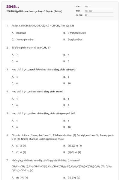 230 Bài tập Hidrocacbon cực hay có đáp án (Anken)