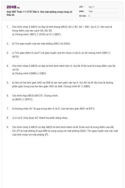 Giải SBT Toán 11 CTST Bài 4. Hai mặt phẳng song song có đáp án