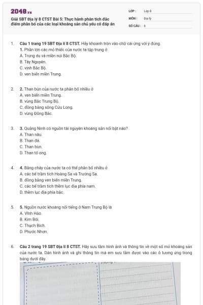 Giải SBT Địa lý 8 CTST Bài 5: Thực hành phân tích đăc điểm phân bố của các loại khoáng sản chủ yếu có đáp án