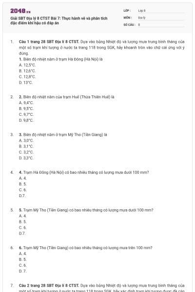 Giải SBT Địa lý 8 CTST Bài 7: Thực hành vẽ và phân tích đặc điểm khí hậu có đáp án