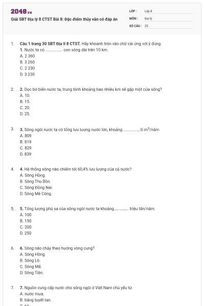 Giải SBT Địa lý 8 CTST Bài 8: Đặc điểm thủy văn có đáp án