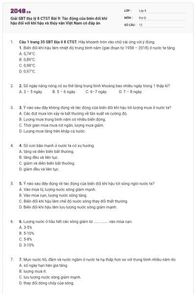 Giải SBT Địa lý 8 CTST Bài 9: Tác động của biến đổi khí hậu đối với khí hậu và thủy văn Việt Nam có đáp án