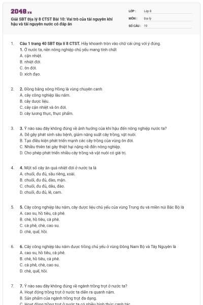 Giải SBT Địa lý 8 CTST Bài 10: Vai trò của tài nguyên khí hậu và tài nguyên nước có đáp án